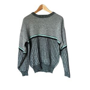 Michael Gerald Pullover Unisex Size L Grey Black Blue Striped Knit Textured Cozy